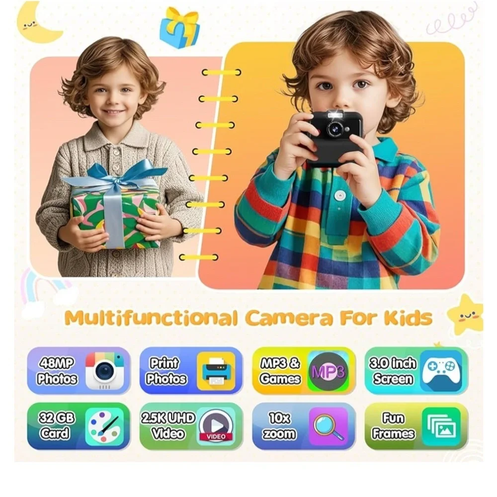 CAMCLID Kids Camera Instant Print, 3,0 Inch/48MP Instant Camera for Kids(Black)